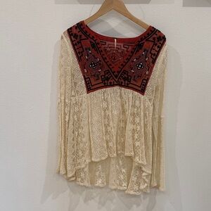 Free People Lace Blouse with Red Embroidery